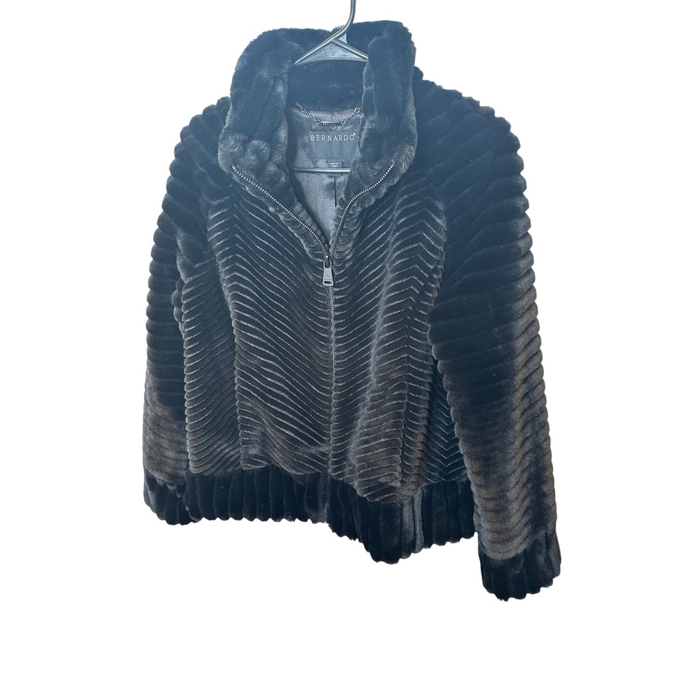 Bernardo Womens Black Chevron Ribbed Faux Fur Bomber Jacket Size M 21431B019